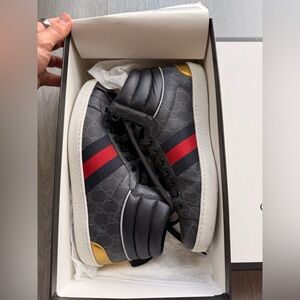 GUCCI Ace Web Supreme GG Monogram Sneakers Gray Leather